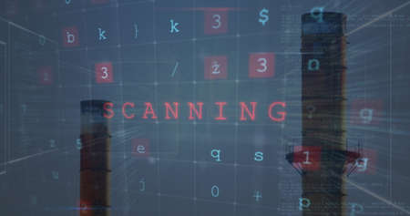 Image of digital interface with cyber attack warning text over chimneys and factory in the background. Global network online security concept digital composite.の写真素材