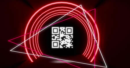 Image of glowing QR code with red neon circle elements and triangles in the background. Global online security data technology concept digitally generated image.の写真素材