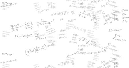 Image of black mathematical equations and formulae floating on white background. Science and...