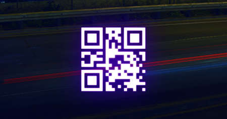 Image of glowing pink QR code with neon elements flashing on black background. Global online...