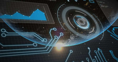 Image of scanning scopes over grid. global connections, data processing and digital interface...