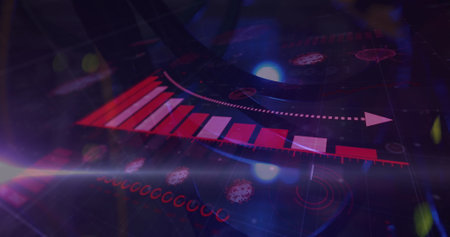 Image of digital interface with graph and white arrow on a dark background. Global digital network...