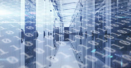 Image of binary coding numbers changing over tech room with computer servers. digital interface...