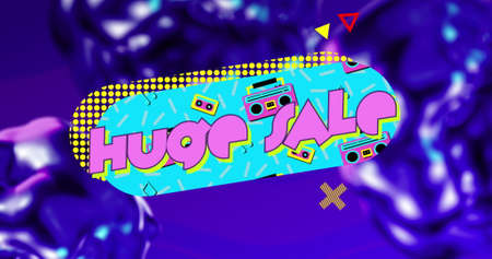 Image of huge sale text in pink letters over blue vintage style banner and purple glowing...