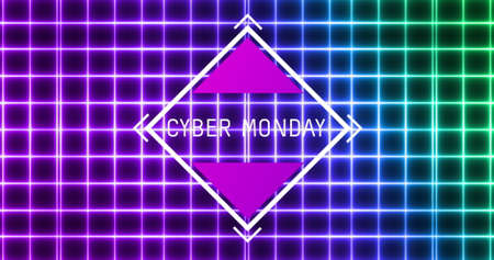 Image of cyber monday text in white letters over neon glowing grid. Online shopping, retail and savings concept digitally generated image.の写真素材