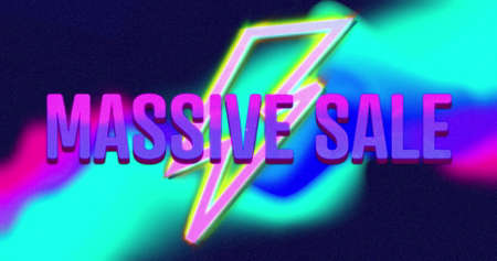 Image of massive sale text in purple letters over neon lightning over multi coloured background....