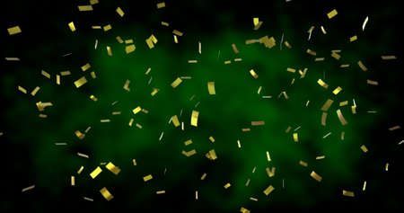 Image of golden confetti falling over glowing green background. new years eve party festivity celebration concept digitally generated image.の写真素材
