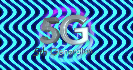 Image of 5g 5th generation text over glowing blue waving stripes and purple circle. Global...