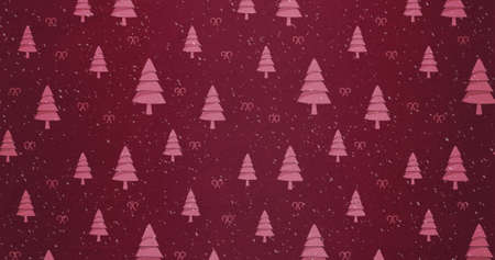 Image of snow falling against christmas tree pattern on red. christmas celebration festivity concept digitally generated image.の写真素材