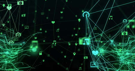 Image of glowing green network of connections and media icons moving on black background. communication technology and media sharing concept, digitally generated image.の写真素材