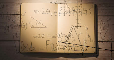 Digital composite image of Mathematical equations and diagrams moving over open notebook against wooden background. Education and school conceptの写真素材