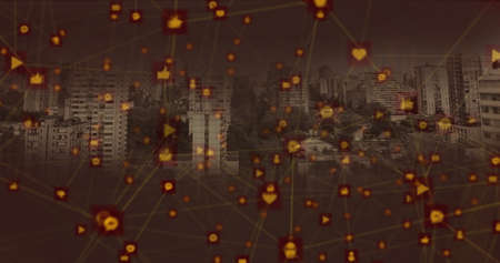 Digital composite image of orange network of connections icons against aerial view of cityscape....