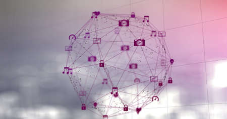 Digital composite image of globe of pink digital icons against clouds in the sky. Global networking and connection concept.の写真素材