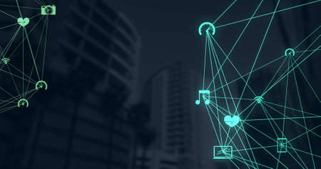 Digital composite image of Network of connection icons over tall buildings against black background....