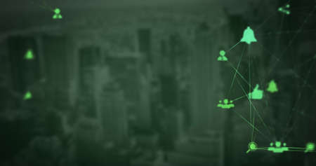 Digital composite image of Globe of green glowing digital icons against cityscape in background....