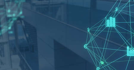 Digital composite image of Globe of glowing blue digital icons over office building against blue...