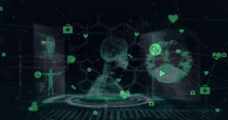 Digital composite image of Network of connections icons over digital human skeletons against black...
