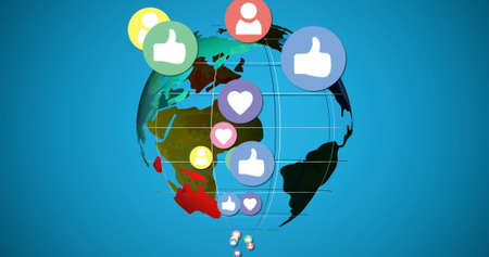 Digital image of like, follow and heart icons with a globe on a blue background. The icons are moving while the globe is rotating 4kの写真素材