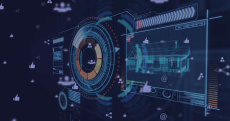 Digital image of Network of connection icons over digital interface with screen of 3D house model...