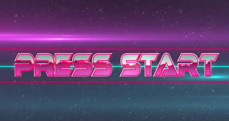 Image of Press Start text written in metallic letters on image game screen flickering in hypnotic...