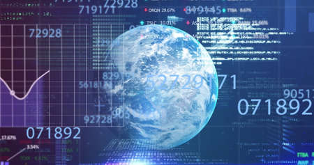 Image of digital interface with icons and data processing. Global computer network technology...