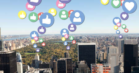Digital composite of a city with flying likes, hearts and follow icons in the foreground 4k