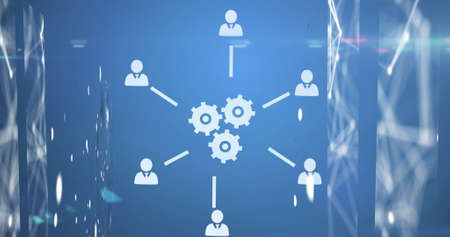Digital image of Network of digital icons and glowing spot of light against blue background. Global...