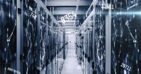 Image of numbers changing with networks of connections over tech room with computer servers. global technology data processing concept digitally generated image.の写真素材