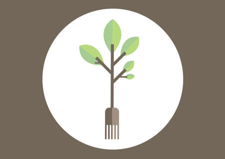 Stem with green leaves icon on white round banner against brown background. nature, environment and...