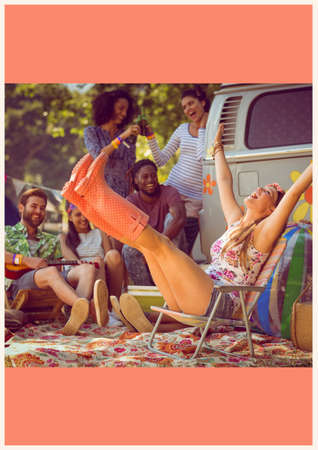 Group of friends having fun together at music festival. music festival and concert background template illustration conceptの写真素材