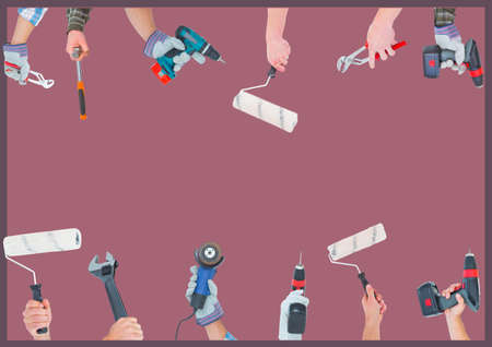 Digitally generated image of multiple hands holding different tools against red background. maintenance, engineering and service conceptの写真素材