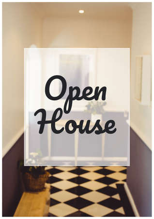 Open house text banner against interior of a modern house. property and real estate background...