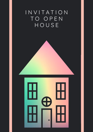 Invitation to open house text against house icon on black background. property and real estate background template illustration concept
