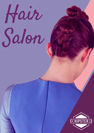 Hair salon text against rear view of woman's hairstyle. hair and beauty salon background template illustration conceptの写真素材