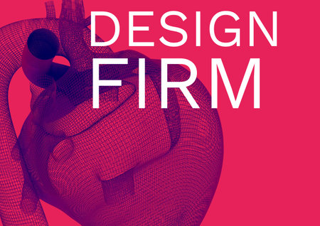 Digitally generated image of design firm text with 3d heart design icon against red background. creative graphic designing and business background template illustration conceptの写真素材