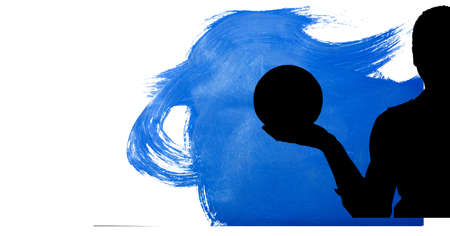 Silhouette of female handball player against blue paint brush strokes on white background. sports and competition conceptの写真素材