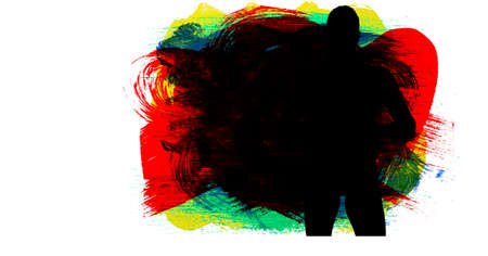 Silhouette of female handball player against multicolor brush strokes on white background. sports...