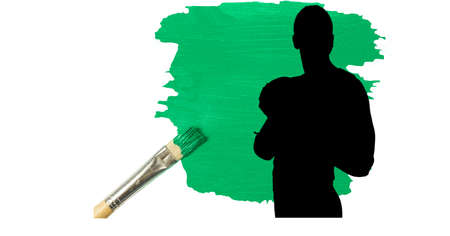 Silhouette of female handball player against green paint stain and paint brush on white background. sports and competition conceptの写真素材