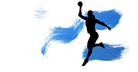 Silhouette of female handball player against blue paint brush strokes on white background. sports and competition conceptの写真素材