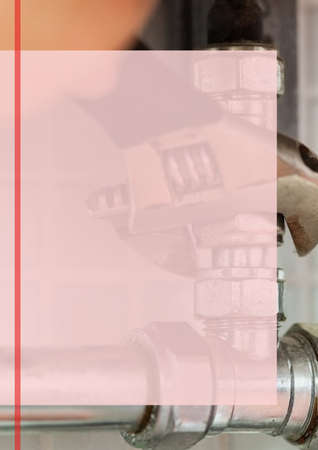 Composition of caucasian plumber fixing tap at home. plumber services and template concept digitally generated image.の写真素材