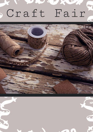 Composition of craft fair text and yarns on grey background. event invitation template concept...