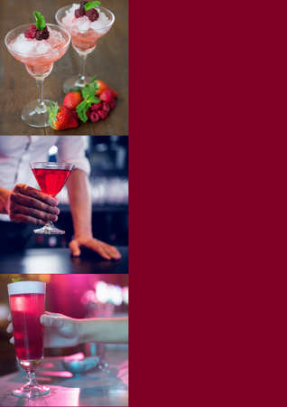 Composition of multiple drinks in bar on colourful background. food menu and template concept digitally generated image.の写真素材