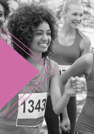 Composition of black and white happy diverse group of sportswomen running. sport and template concept digitally generated image.の写真素材