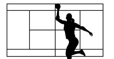 Silhouette of female handball player against handball field layout on white background. sports and competition conceptの写真素材