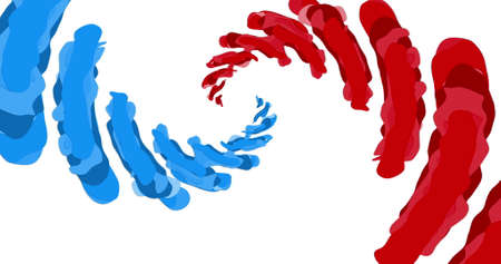 Image of red and blue stripes rotating and blending creating circle in hypnotic motion and disappearing on white background, digitally generated image.の写真素材