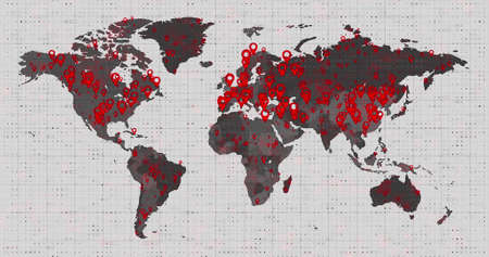 Image of a world map, continents turning red, showing Covid-19 Coronavirus spread. Global...