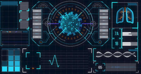 Image of macro coronavirus Covid-19 cell analyzed on a screen with medical information recording. Global medicine coronavirus Covid 19 pandemic concept digitally generated image.の写真素材