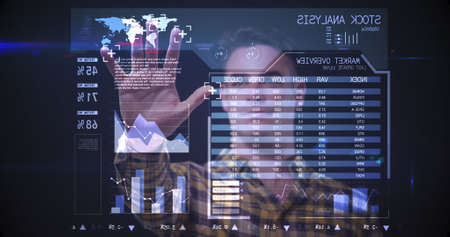 Image of man using interactive screen with data processing. digital interface, technology and online...