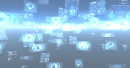 Image of data processing and scopes scanning on screen over glowing horizon. global connections,...