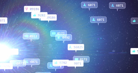 Image of social media icons and numbers on white and grey banners over stars on blue sky. global...